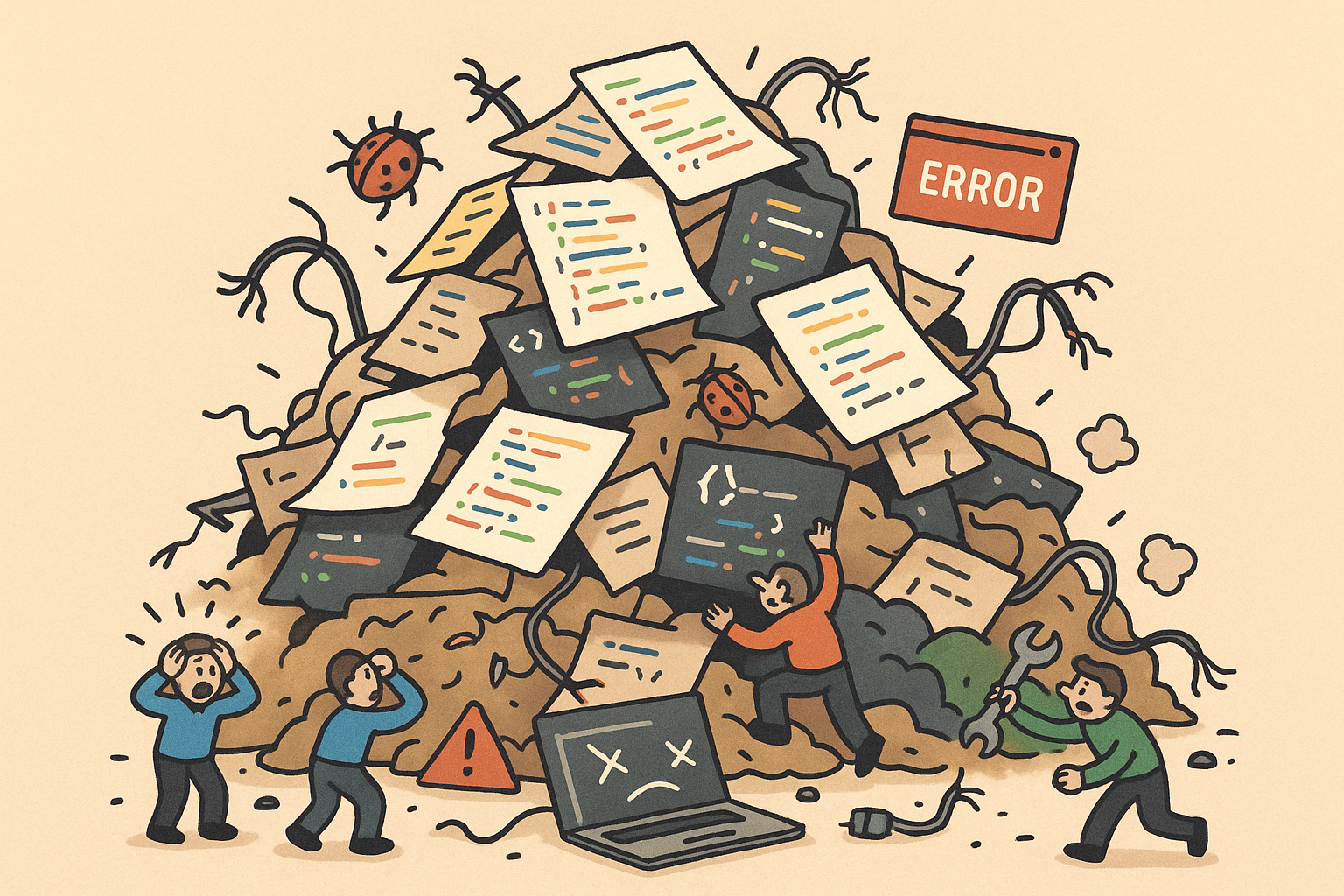 图片是一幅插画,画面中有一堆堆的代码文件,文件上标有“ERROR”字样,还有一台笔记本电脑,电脑屏幕上也显示“ERROR”。画面左侧有三个人物,其中一人双手抱头,另两人张大嘴巴,似乎在惊讶或困惑。画面右侧有一个人物正拿着一个工具,似乎在修理电脑。这幅图与上下文的关系是,通过形象化地表现代码混乱、错误频出的场景,来直观地反映公司有传承已久的代码库,新入职同事面对大量代码时的困惑与压力,与上下文提到的公司代码库问题相呼应。