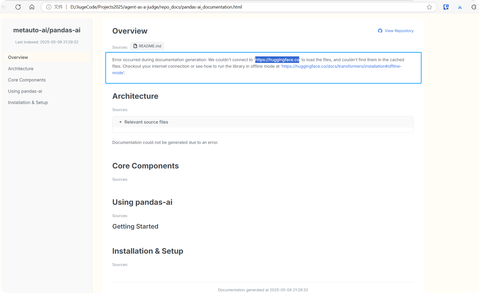 图片展示的是pandas - ai项目的文档页面。页面左侧有Overview、Architecture、Core Components、Using pandas - ai、Installation & Setup等导航栏。右侧是文档内容,上方有“Overview”标题,下方显示生成网页时出现错误,无法连接huggingface加载文件且在缓存文件中找不到,提示检查网络连接或查看如何在离线模式下运行库。该图片与文档中提到的生成网页报错情况相关,直观呈现了报错内容。