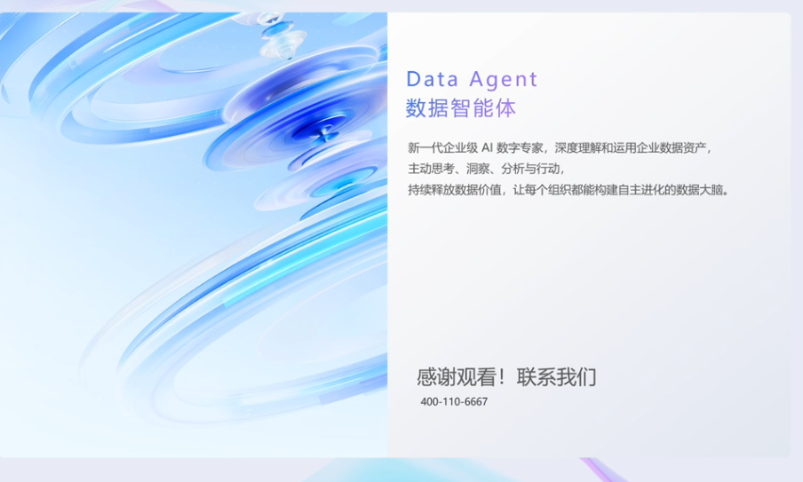 图片展示的是Data Agent数据智能体的相关信息。背景为蓝白渐变色，有流动的线条图案。左侧上方有“Data Agent”及“数据智能体”字样，下方介绍其为新一代企业级AI数字专家，能深度理解运用企业数据资产，主动思考、洞察、分析与行动，持续释放数据价值。右侧底部有“感谢观看！联系我们”及电话号码“400-110-6667”。该图片与上下文介绍Data Agent数据智能体的功能和价值相契合。