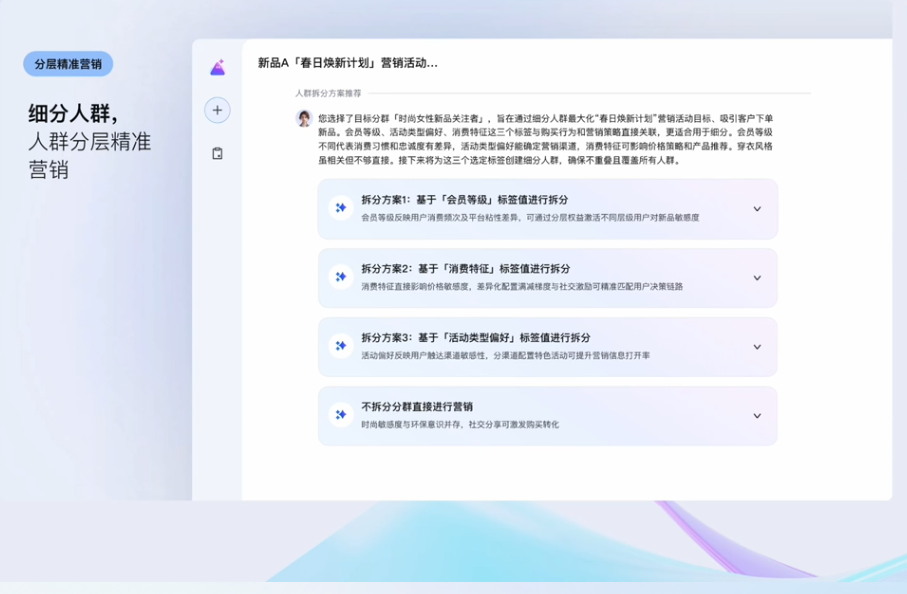 图片展示了“新品A‘春日焕新计划’营销活动”的人群分层营销方案。方案分为分层方案1、2、3，分别基于会员等级、基础付费特征、活动类型偏好进行标准值分层。还提及不按分层直接进行营销的情况。该图片与上下文紧密相关，是对上文提到的“细分人群，人群分层精准营销”策略的具体呈现，帮助理解如何通过不同标准对人群进行分层，以实现精准营销。