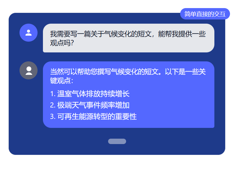 图片展示了聊天助手类型智能体的对话界面。用户询问关于气候变化的短文观点,智能体回复可提供三个关键观点:温室气体排放持续增长、极端天气事件频率增加、可再生能源转型的重要性。界面左侧为用户头像及输入框,右侧为智能体头像及输出区域,输出区域背景为蓝色。该图片与上下文紧密相关,直观呈现了聊天助手类型智能体简单直接的交互特点。