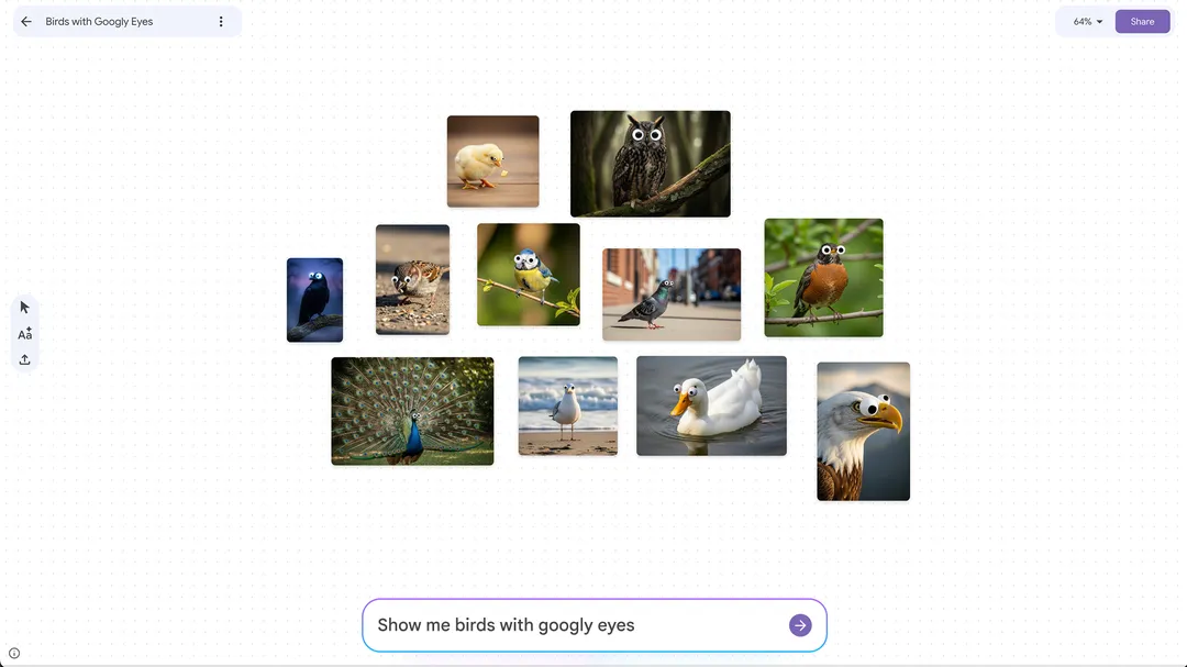 图片展示的是一个AI生成的鸟类图片集合,标题为““Birds with Googly Eyes” 。画面中排列着多种鸟类图片,包括小鸡、猫头鹰、鹦鹉、鸽子、鸟儿等,每张图片下方都有对应的编号。图片下方有一个蓝色按钮,写着“Show me birds with googly eyes”。该图片与上文提到的Nano Banana逆天功能相关,展示了其将“长着卡姿兰大眼的鸟儿”这一天马行空创意可视化的能力。