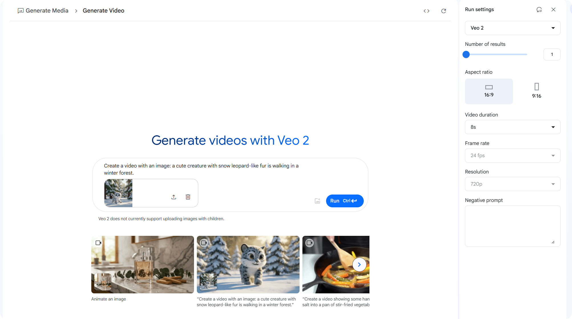 图片展示的是谷歌AI Studio中Generate Media下的Generate Video界面。界面上方显示“Generate videos with Veo 2”,并有“Create a video with an image: a cute creature with snow leopard-like fur is walking in a winter forest.”的提示。下方有“Run”按钮,旁边有“On -”标识。右侧有“Run settings”区域,可设置Veo 2、Number of results、Aspect ratio、Video duration、Frame rate、Resolution等参数。该图片与文档中介绍的Gernerate Media功能相关,展示了文生视频操作界面。