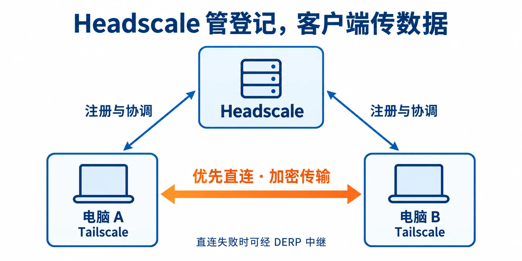 Headscale 管理设备注册与连接协调，Tailscale 客户端负责加密通信