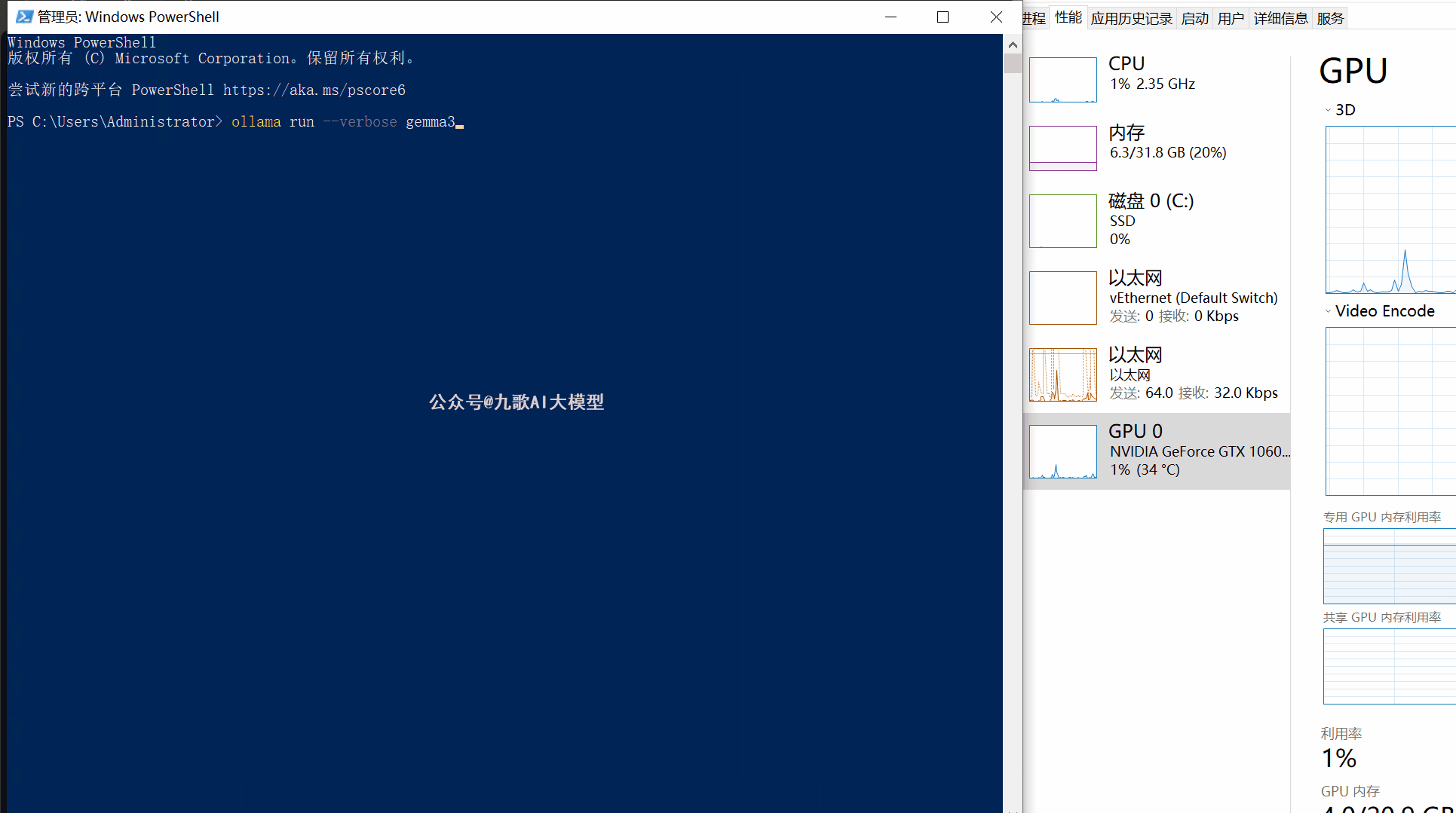 图片展示的是Windows PowerShell界面及系统性能监控窗口。界面中显示命令“ollama run --verbose gemma_”执行中,下方有“公众号#九章AI大模型”字样。右侧是系统性能监控窗口,显示CPU使用率为1%,内存使用率为20%,磁盘C使用率为0%,以太网速度为0 Kbps,GPU 0使用率为1%。该图片与文档中测试大模型推理速度及系统性能监控的内容相关,直观呈现了相关操作及系统状态。