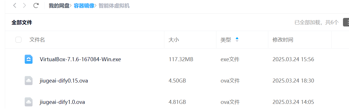 图片展示的是网盘中“容器镜像>智能体虚拟机”文件夹内容。有三个文件，分别是“VirtualBox-7.1.6-167084-Win.exe”（117.32MB，exe文件，2025.03.24 15:56修改）、“jiugeai-dify0.15.ova”（4.50GB，ova文件，2025.03.24 18:30修改）、“jiugeai-dify1.0.ova”（4.81GB，ova文件，2025.03.24 14:05修改）。该图片与上文提到的作者制作并分享Dify0.15版本和1.0版本虚拟机的内容相关，直观呈现了网盘中相关文件情况。