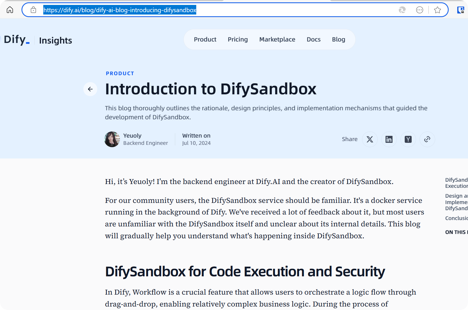 图片展示的是Dify Sandbox的英文博客页面，标题为“Introduction to DifySandbox”，作者为Yeuoly，发布日期为2024年7月10日。页面介绍了Dify Sandbox的背景，指出其是Dify后台服务的组成部分，运行在Dify后台，是Docker服务，用于执行代码。该博客详细阐述了Dify Sandbox的设计理念、实现机制等，帮助用户理解其内部运作。图片与上下文紧密相关，是对上下文提到的Dify Sandbox作者Yeuoly博客内容的直观呈现。