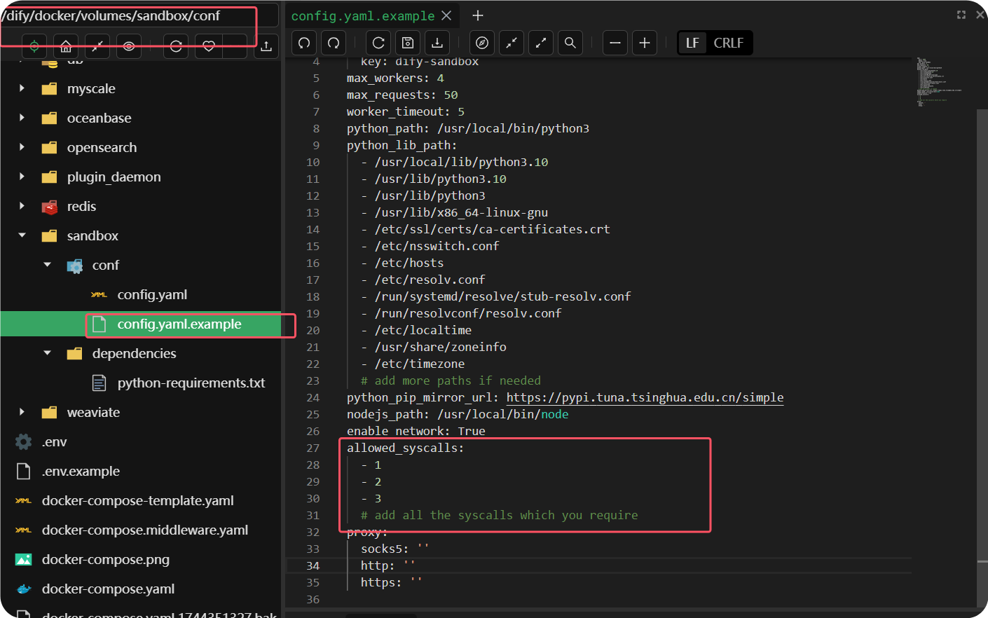 图片展示了dify沙箱配置文件config.yaml_example的内容。左侧是文件目录结构，红框突出显示了config.yaml_example文件。右侧代码区域，红框内是allowed_syscalls参数，其下有多个数字序号标识的系统调用命令，如1、2、3等，还有“# add all the syscalls which you require”注释，用于添加所需的所有系统调用命令。该图片与上下文介绍的dify沙箱允许开放系统调用命令的内容相关，直观呈现了配置文件中允许开放系统调用命令的部分。