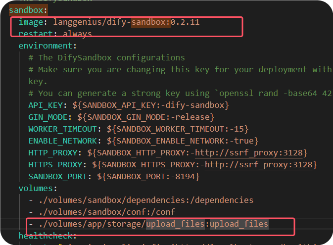 图片展示了Dify Sandbox的配置文件部分内容。关键信息是sandbox部分的镜像设置，使用了“langgenius/dify_sandbox:0.2.11”镜像；以及volumes部分，将“./volumes/app/storage/upload_files”挂载到sandbox容器的“/upload_files”路径。这些配置与上下文相关，上下文提到要获取用户上传文件路径，需将用户上传文件夹实际文件夹挂载到sandbox Docker容器中，此图片展示了具体的挂载配置，是实现该功能的关键配置内容。