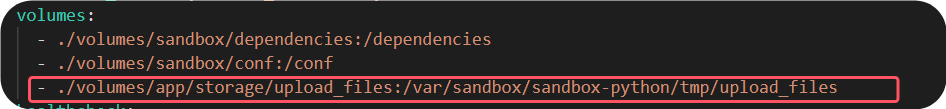 图片展示的是Docker Compose配置文件中volumes部分的内容。关键信息是将./volumes/app/storage/upload_files文件夹挂载到/var/sandbox/sandbox-python/tmp/upload_files目录下。这与文档中提到的将app/storage/upload_files文件夹路径挂载到/tmp下面以执行代码只认/tmp文件夹的操作相呼应，是实现文件路径获取与Excel数据处理步骤中对Docker容器文件系统挂载的配置。