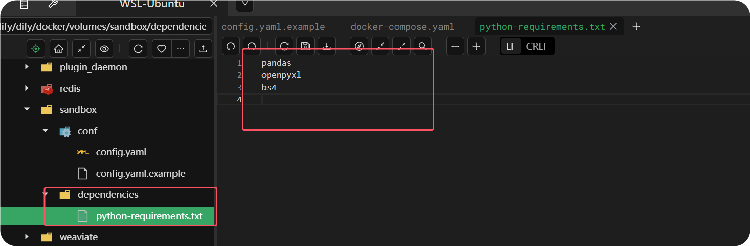图片展示了Dify Sandbox中python-requirements.txt文件的内容。左侧为文件夹结构，选中了“sandbox”下的“dependencies”文件夹。右侧是编辑器界面，显示文件内容为“pandas”“openpyxl”“bs4”三行代码。该图片与上下文紧密相关，上下文提到要修改sandbox的python库依赖，添加pandas等Python数据处理库，此图直观呈现了添加的库依赖内容，辅助理解代码执行环境的配置情况。