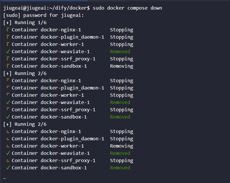 图片展示的是在终端执行命令的输出结果。命令用于停止并删除Docker Compose服务。输出显示有6个容器，其中、、、、、分别处于Stopping、Stopping、Stopping、Removed、Stopping、Removed状态，表明这些容器正在停止或已停止。该图片与文档中MCP_SSE插件使用体验上下文相关，展示了插件运行环境的容器管理操作。
