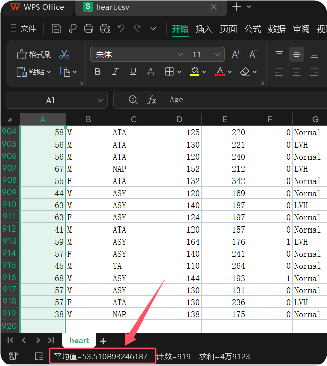 图片展示的是WPS Office中打开的heart.csv文件内容。文件包含Age等多列数据，其中Age列的平均值为53.510893246187，计数为919，求和为4万9123。图片与上文提到的使用Pandas-ai对heart.csv文件进行数据分析相呼应，通过WPS查看文件内容，验证了Pandas-ai给出的Age列平均年龄53.5108这一结果的准确性。
