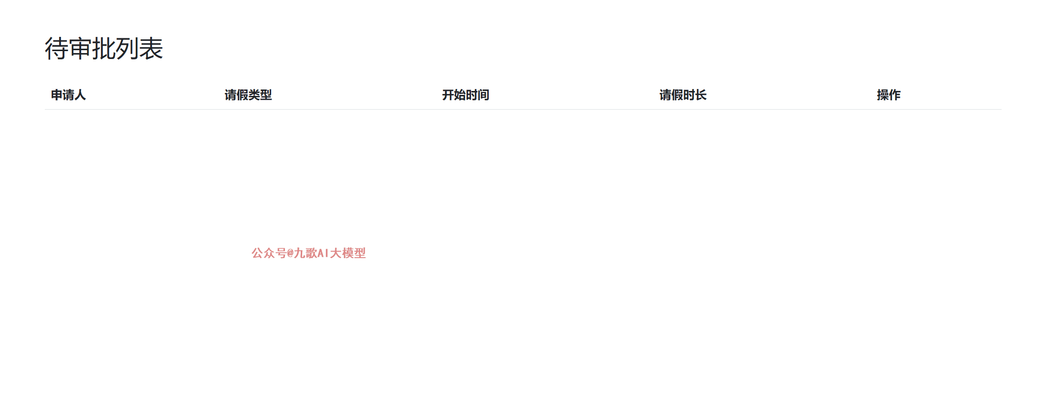 图片展示的是Dify中OA请假智能体的待审批列表界面。界面上方标题为“待审批列表”,下方有“申请人”“请假类型”“开始时间”“请假时长”“操作”等列标题。当前列表为空,仅在底部有“公众号#九歌AI大模型”的水印。该图片与文档中将OA请假的api对接到Dify作为自定义工具的上下文相关,展示了对接后的界面效果。